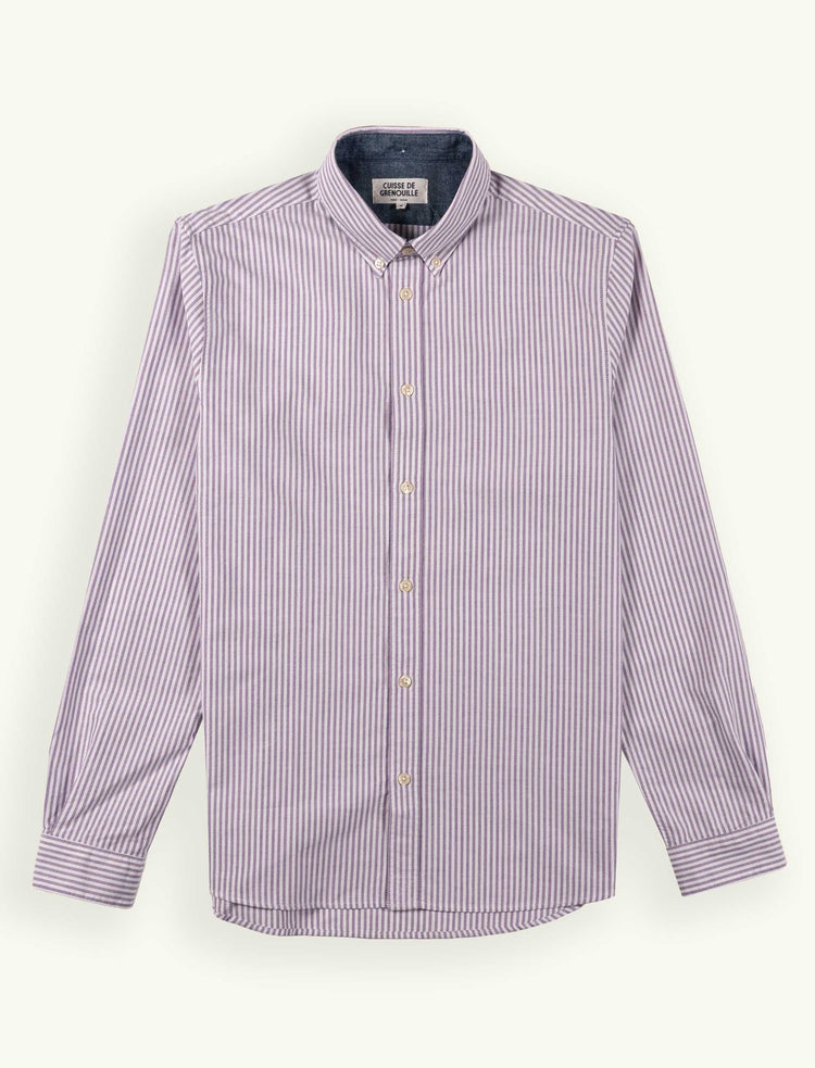 CHEMISE COL BOUTONNÉ RAYÉE BLANC ET VIOLET - COL/POIGNET CHAMBRAY