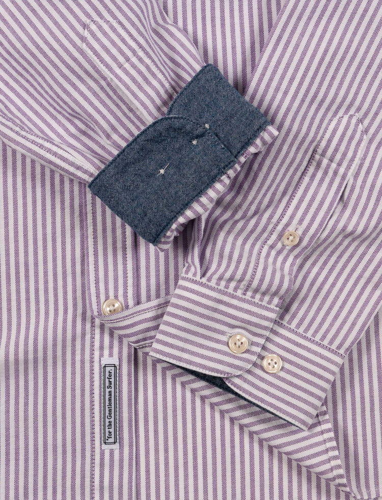 CHEMISE COL BOUTONNÉ RAYÉE BLANC ET VIOLET - COL/POIGNET CHAMBRAY