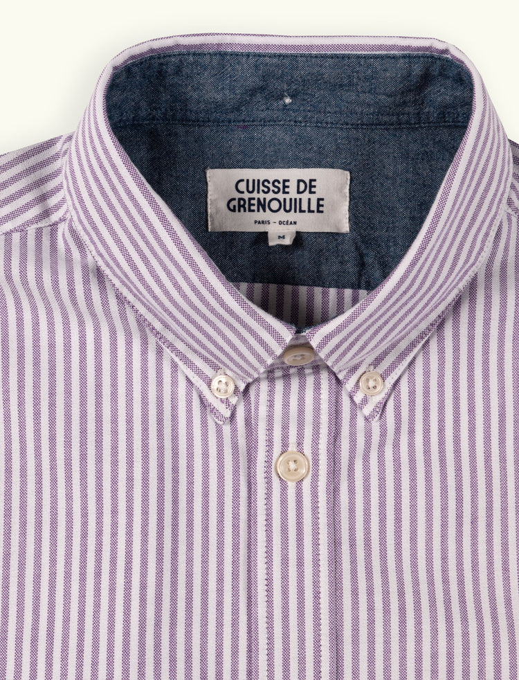 CHEMISE COL BOUTONNÉ RAYÉE BLANC ET VIOLET - COL/POIGNET CHAMBRAY