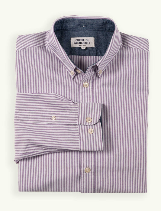 CHEMISE COL BOUTONNÉ RAYÉE BLANC ET VIOLET - COL/POIGNET CHAMBRAY